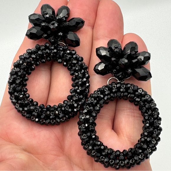Kate Spade Black Beaded Hoop Flower Drop Earrings - Picture 1 of 4
